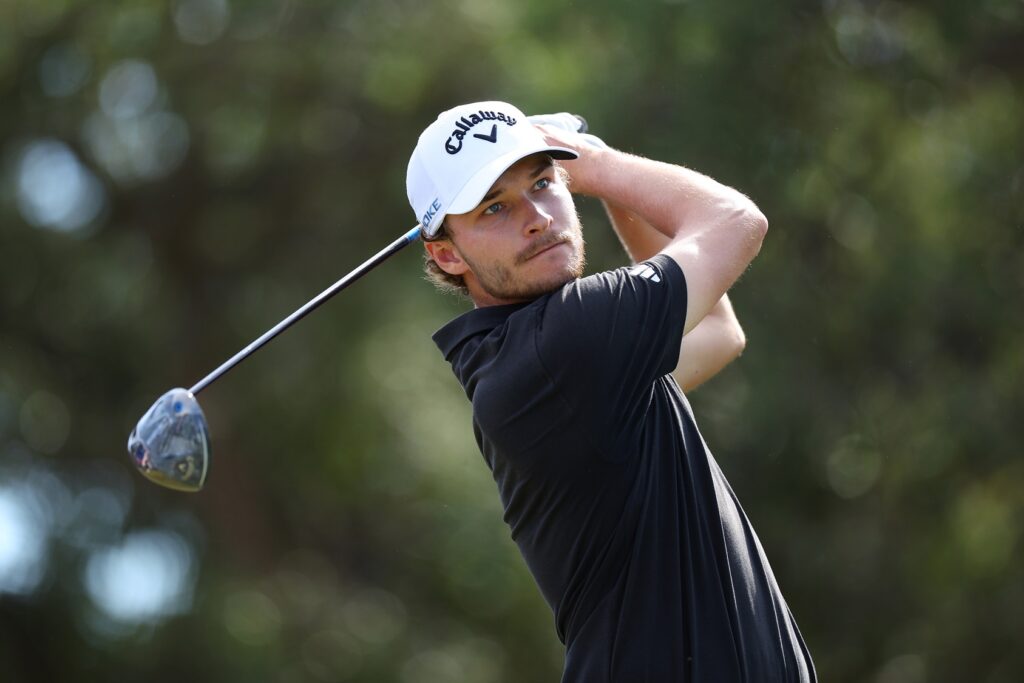 Rasmus Hojgaard of Denmark tees off on the ninth hole during day four of the Estrella Damm N.A. Andalucia Masters 2024 at Real Club de Golf Sotogrande