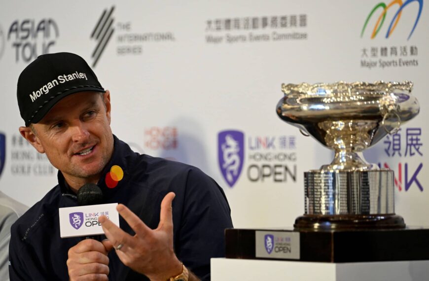 Justin Rose, seated next to the Hong Kong Open trophy, answers a question during the pre-tournament press conference for the Link Hong Kong Open taking place from 21-24 November.