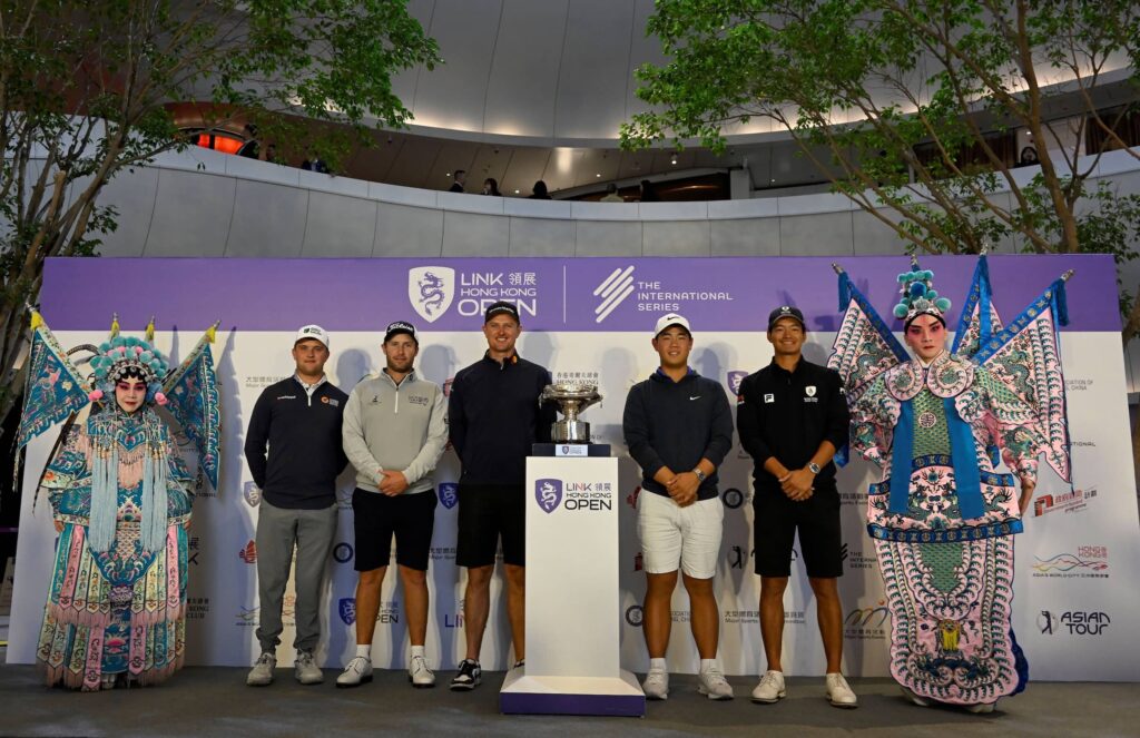 Kipp Popert of England, Ben Campbell of New Zealand, Justin Rose of England, Tom Kim of Korea and Taichi Kho of Hong Kong pictured during the press conference at the Xiqu Centre