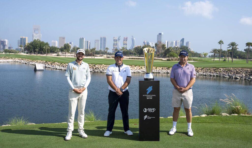 John Catlin, Patrick Reed and Ben Campbell pictured at Doha Golf Club before International Series Qatar, the ninth of 10 events on The International Series in 2024