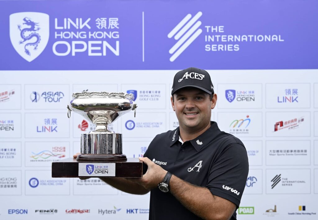 Patrick Reed pictured at the Hong Kong Golf Club with the Link Hong Kong Open trophy,