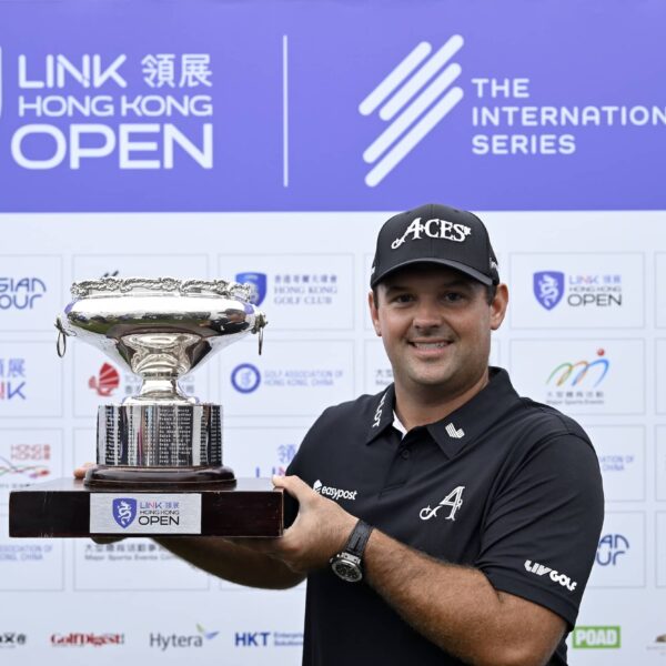 Patrick Reed pictured at the Hong Kong Golf Club with the Link Hong Kong Open trophy,