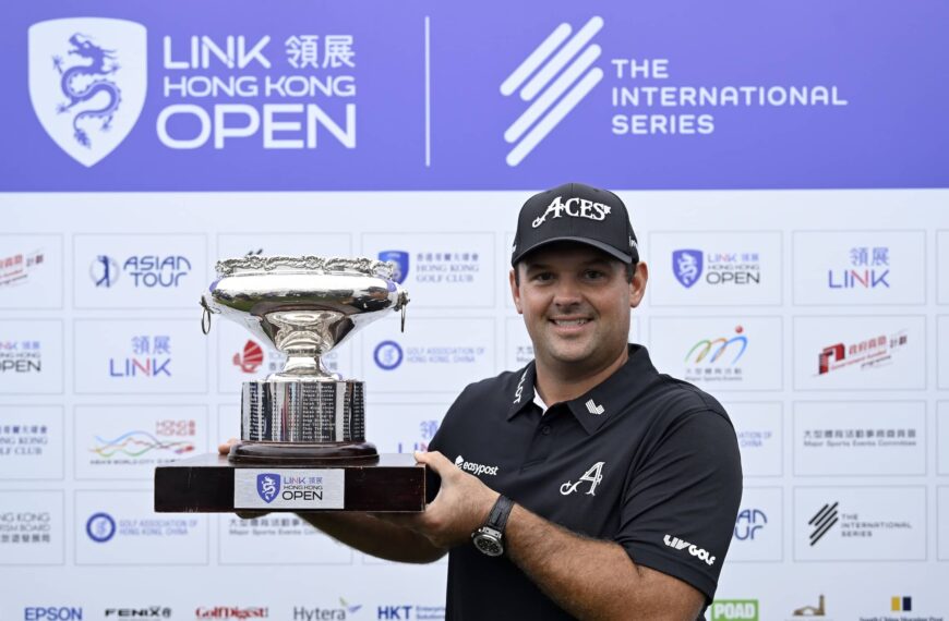 Patrick Reed pictured at the Hong Kong Golf Club with the Link Hong Kong Open trophy,