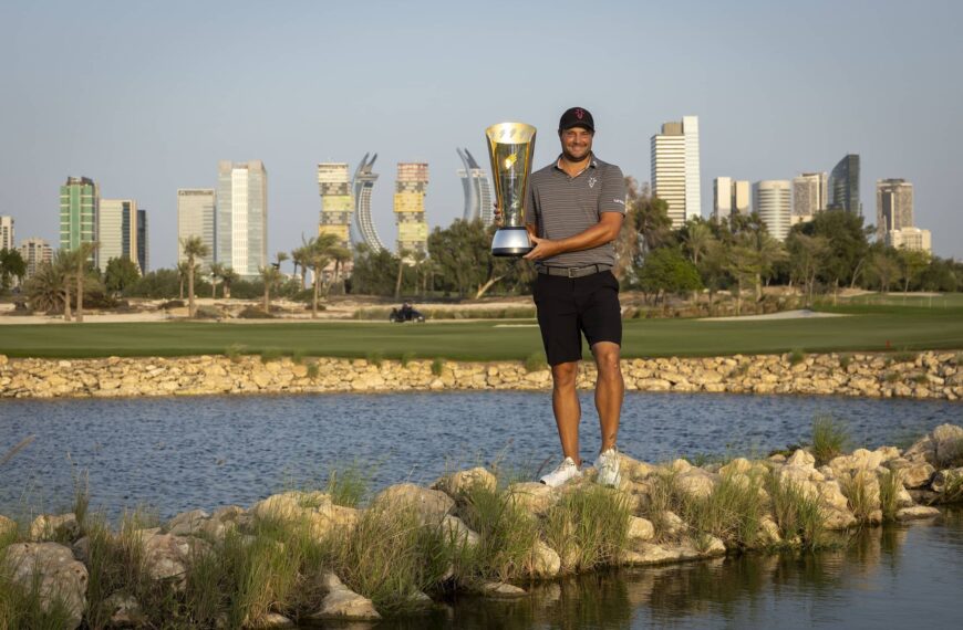 Peter Uihlein pictured with The International Series trophy at Doha Golf Club during International Series Qatar, the ninth of 10 events on The International Series in 2024. Picture by Asian Tour.