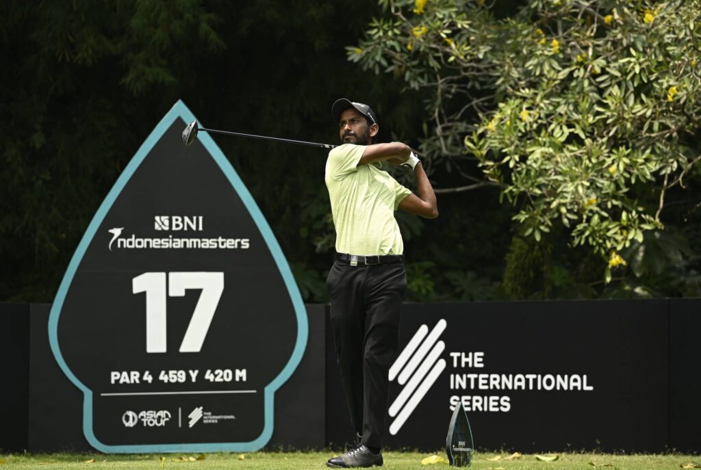 Rashid Khan pictured on the 17th tee at Royale Jakarta Golf Club for the BNI Indonesian Masters, the seventh of 10 events on The International Series in 2024