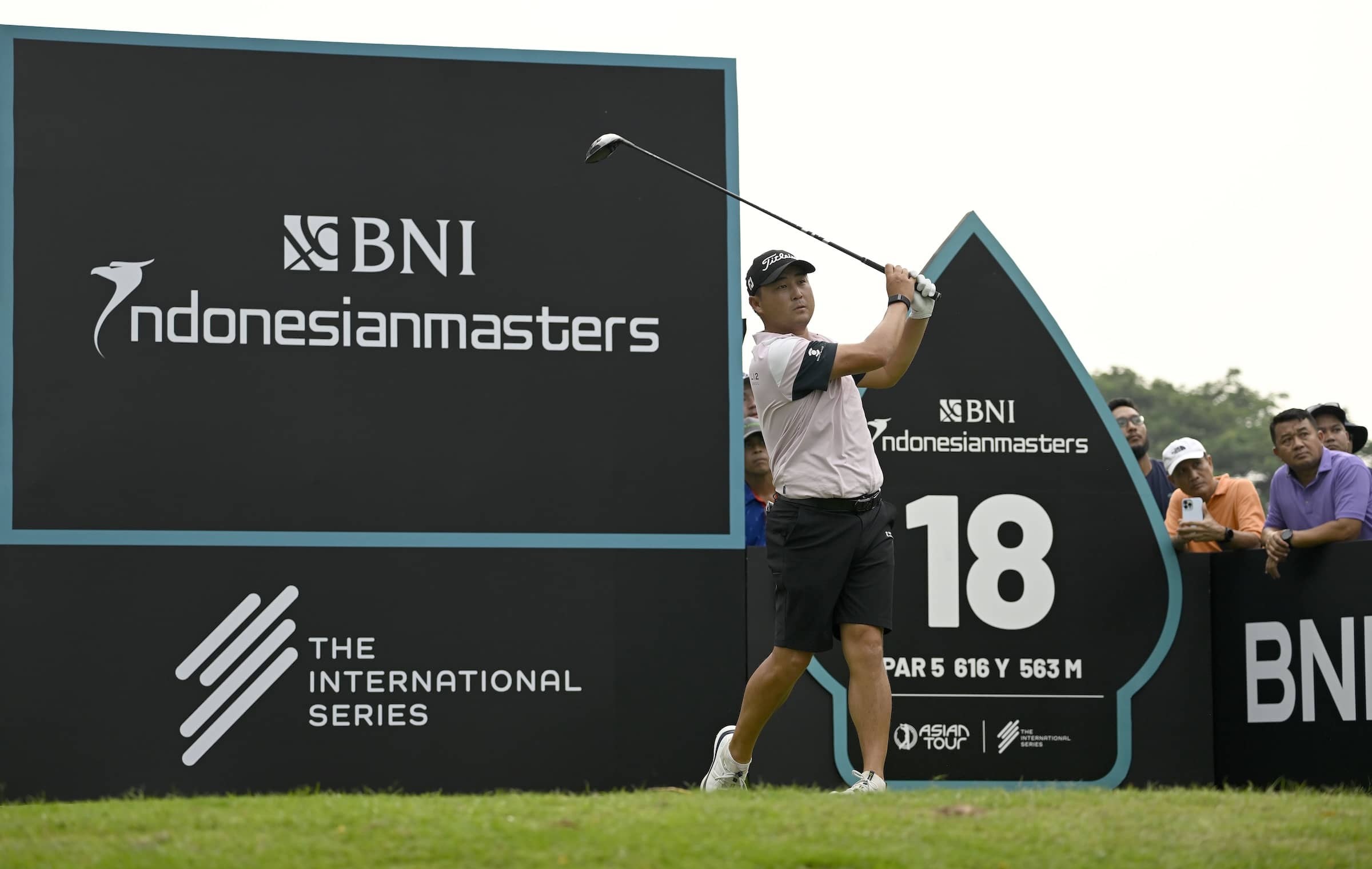 Richard T. Lee pictured on the 18th tee at Royale Jakarta Golf Club for the BNI Indonesian Masters, the seventh of 10 events on The International Series in 2024