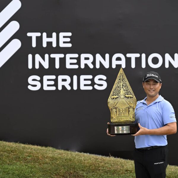 Richard T. Lee pictured with the BNI Indonesian Masters winners trophy at Royale Jakarta Golf Club, the seventh of 10 events on The International Series in 2024