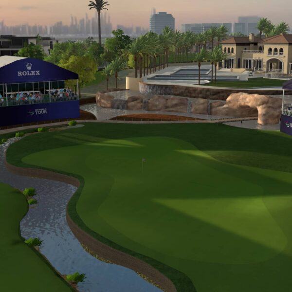 the 18th hole at Jumeirah Golf Estates in virtual reality