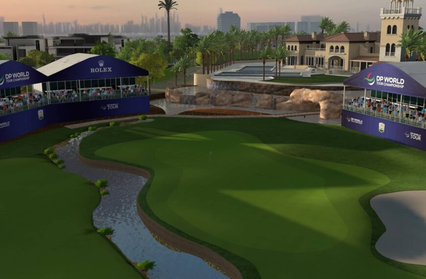 the 18th hole at Jumeirah Golf Estates in virtual reality