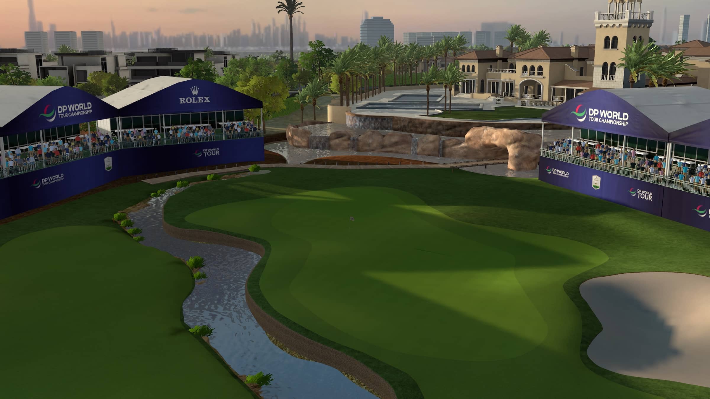 the 18th hole at Jumeirah Golf Estates in virtual reality