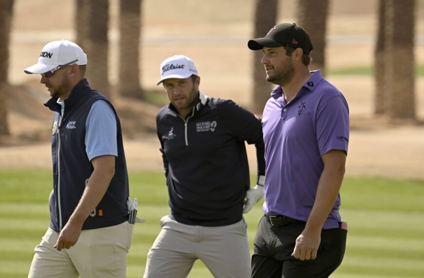 L-R John Catlin, Ben Campbell and Peter Uihlein pictured at Riyadh Golf Club during the PIF Saudi International powered by SoftBank Investment Advisers, the final event on The International Series in 2024.