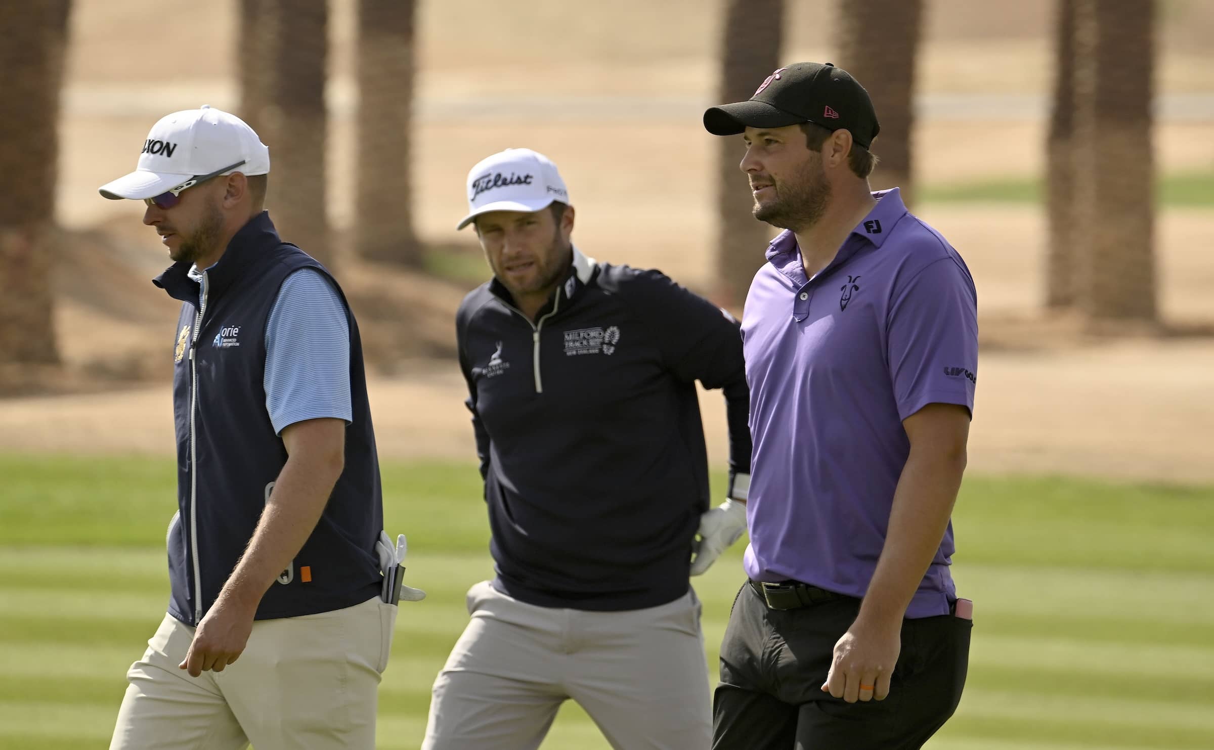 L-R John Catlin, Ben Campbell and Peter Uihlein pictured at Riyadh Golf Club during the PIF Saudi International powered by SoftBank Investment Advisers, the final event on The International Series in 2024.