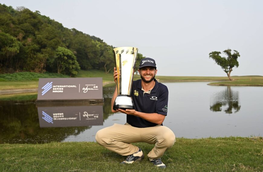 John Catlin pictured with the winner’s trophy at Macau Golf and Country Club following International Series Macau presented by Wynn, the second of 10 events on The International Series in 2024.