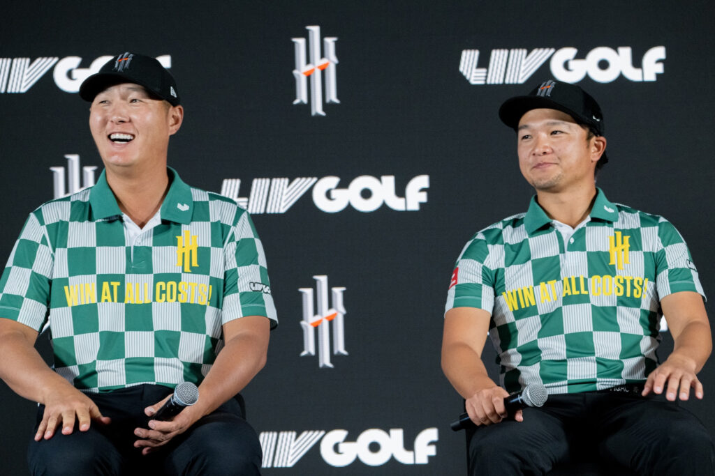 Danny Lee of Iron Heads GC and Jinichiro Kozuma of Iron Heads GC speak at a press conference after the first round of LIV Golf Adelaide at the Grange Golf Club