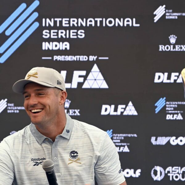 Bryson DeChambeau pictured at the pre-tournament press conference at DLF Golf and Country Club ahead of International Series India