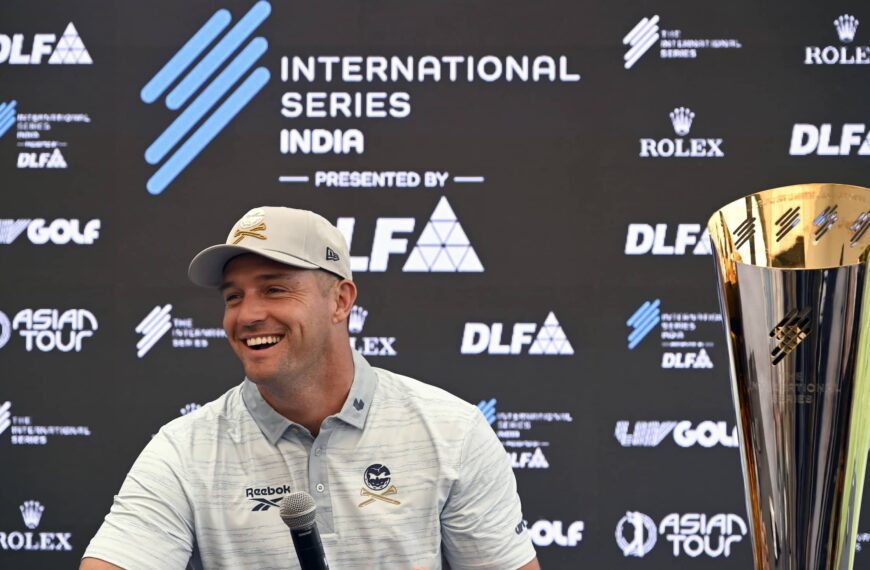 Bryson DeChambeau pictured at the pre-tournament press conference at DLF Golf and Country Club ahead of International Series India