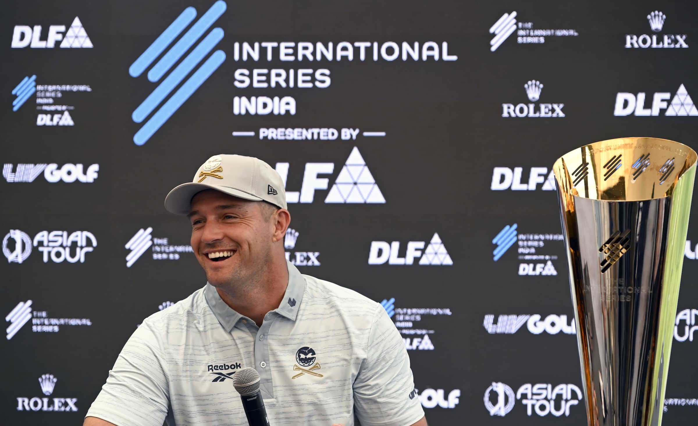 Bryson DeChambeau pictured at the pre-tournament press conference at DLF Golf and Country Club ahead of International Series India