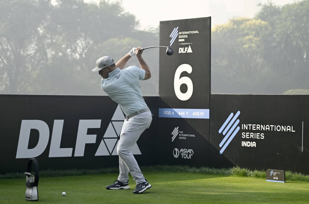 Bryson DeChambeau pictured on the sixth tee at DLF Golf and Country Club ahead of International Series India