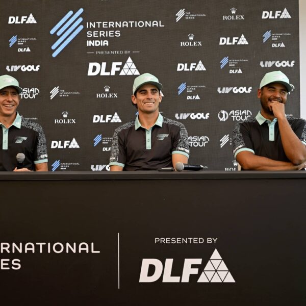 L-R Carlos Ortiz, Joaquin Niemann and Sebastian Munoz of LIV Golf's Torque GC pictured at DLF Golf and Country Club ahead of International Series India