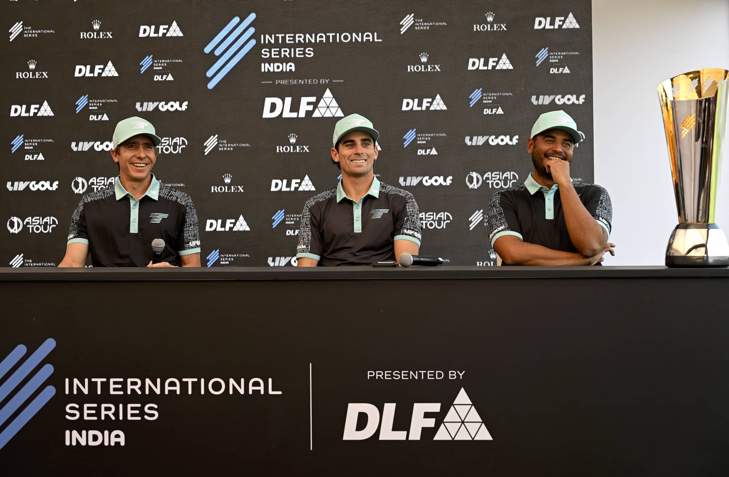 L-R Carlos Ortiz, Joaquin Niemann and Sebastian Munoz of LIV Golf's Torque GC pictured at DLF Golf and Country Club ahead of International Series India