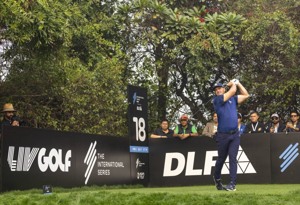 Bryson DeChambeau pictured on the 18th hole at DLF Golf and Country Club