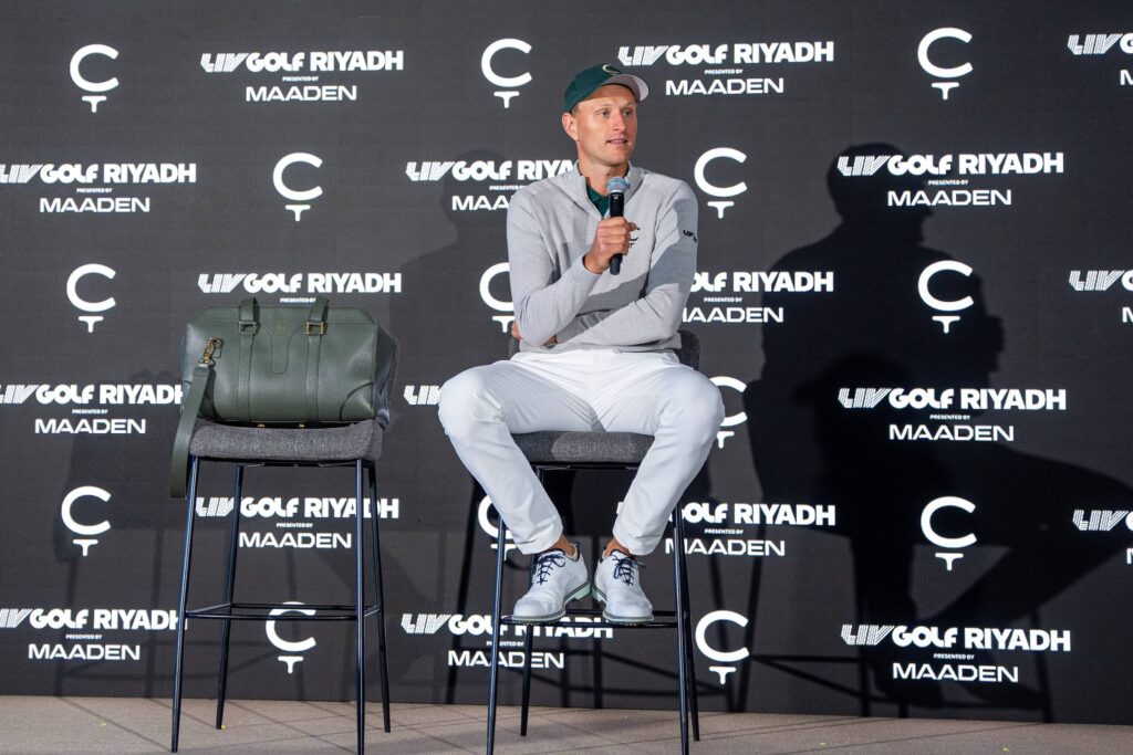 First place individual champion Adrian Meronk of Cleeks GC speaks at a press conference after the final round of LIV Golf Riyadh