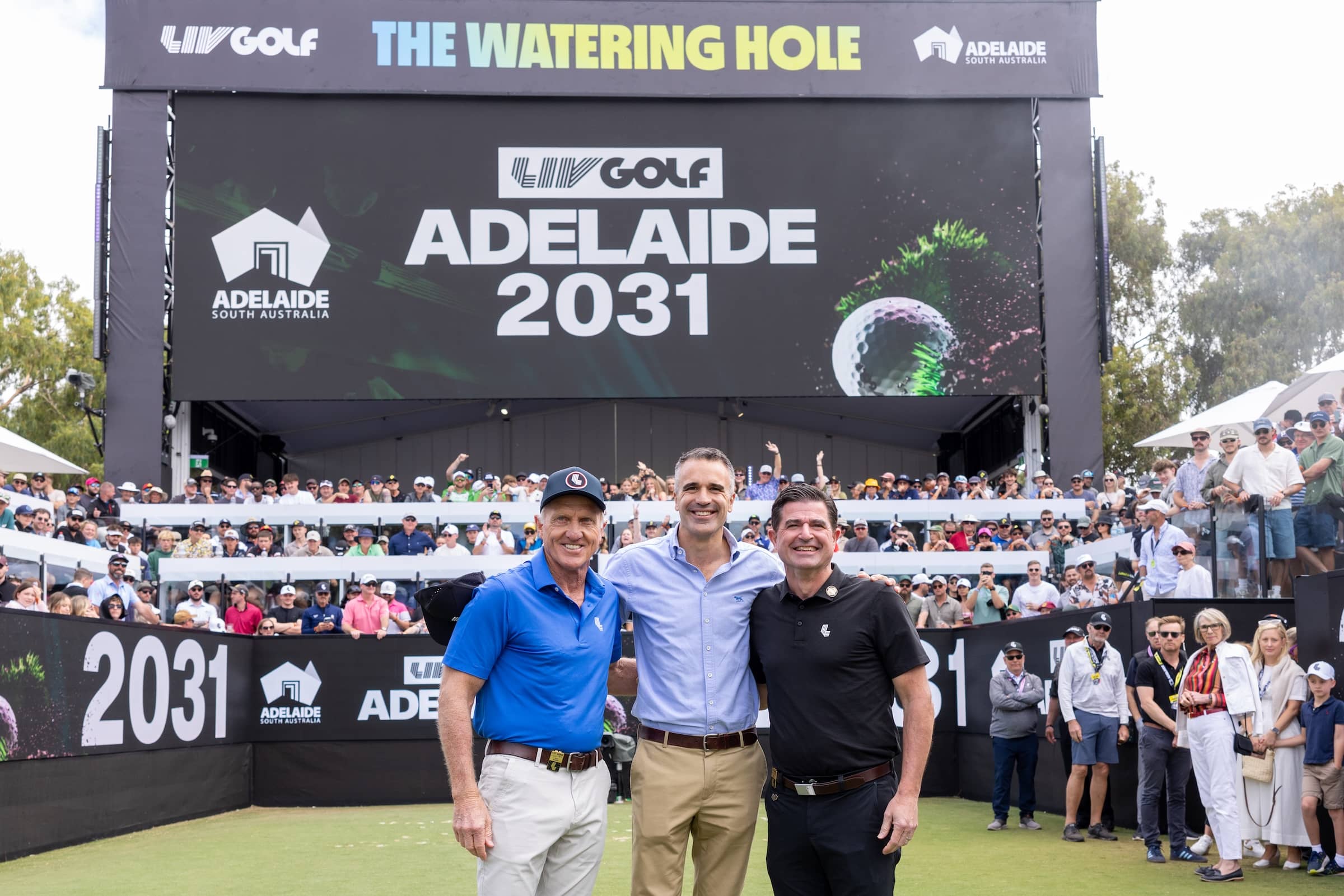 LIV Golf CEO, Scott O'Neil, LIV Golf Board member, Greg Norman and the Premier of South Australia, Peter Malinauskas