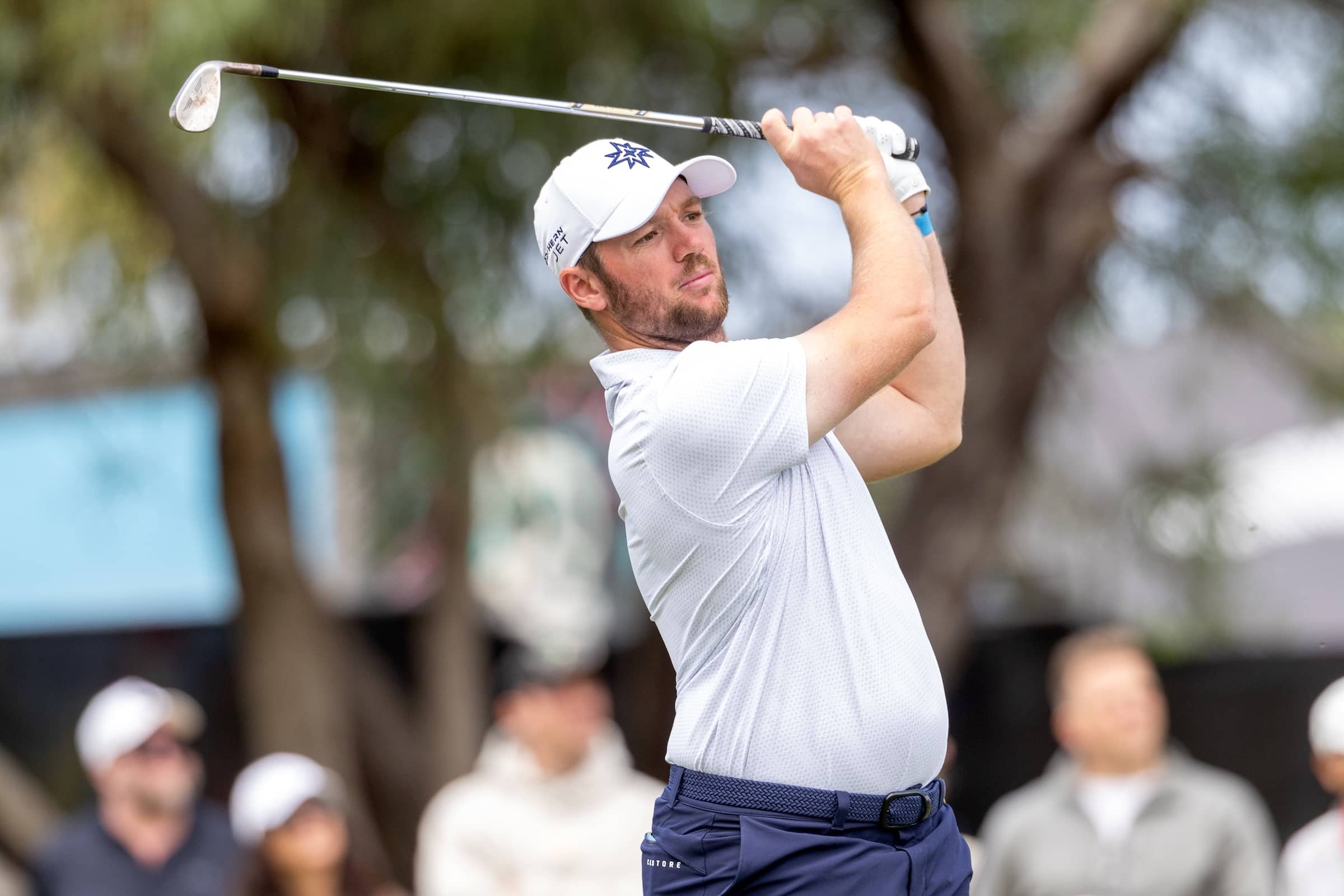 Sam Horsfield of Majesticks GC hits his shot from the first tee during the second round of LIV Golf Adelaide at Grange Golf Club