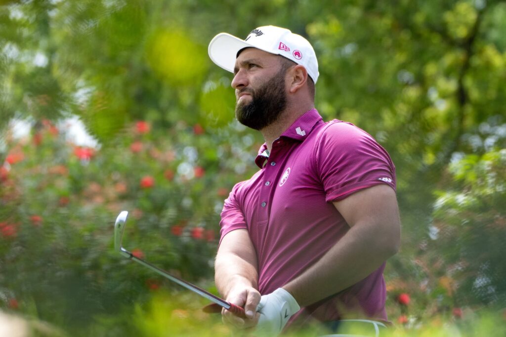 Captain Jon Rahm of Legion XIII hits his shot during the second round of LIV Golf Hong Kong at Hong Kong Golf Club