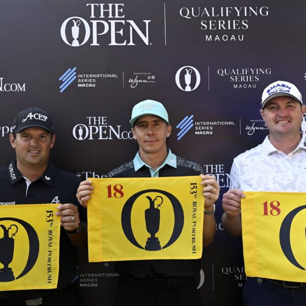 Patrick Reed, Carlos Ortiz and Jason Kokrak pictured with Open Championship flags after securing their place in the field this year