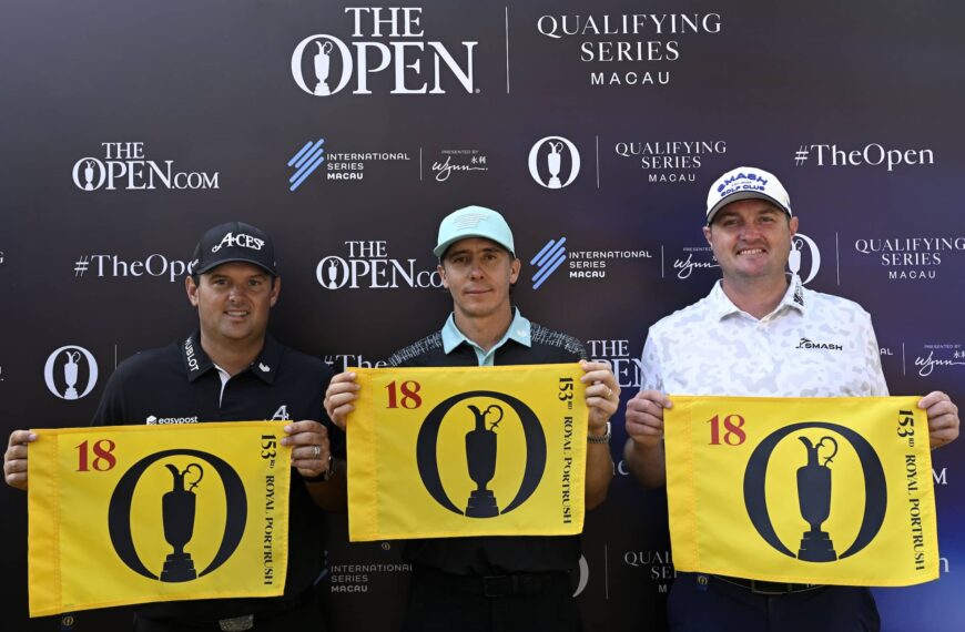 Patrick Reed, Carlos Ortiz and Jason Kokrak pictured with Open Championship flags after securing their place in the field this year