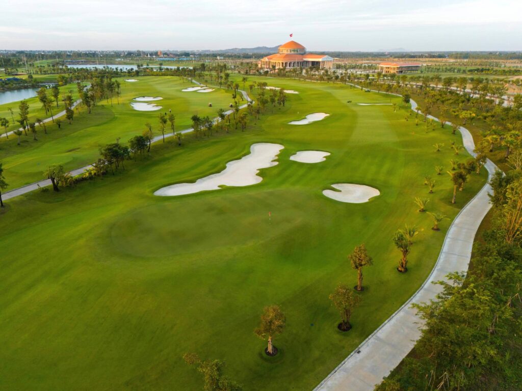 An aerial view of the first hole at Chhun On Golf Resort in Phnom Penh, Cambodia Lake Course - Hole 1
