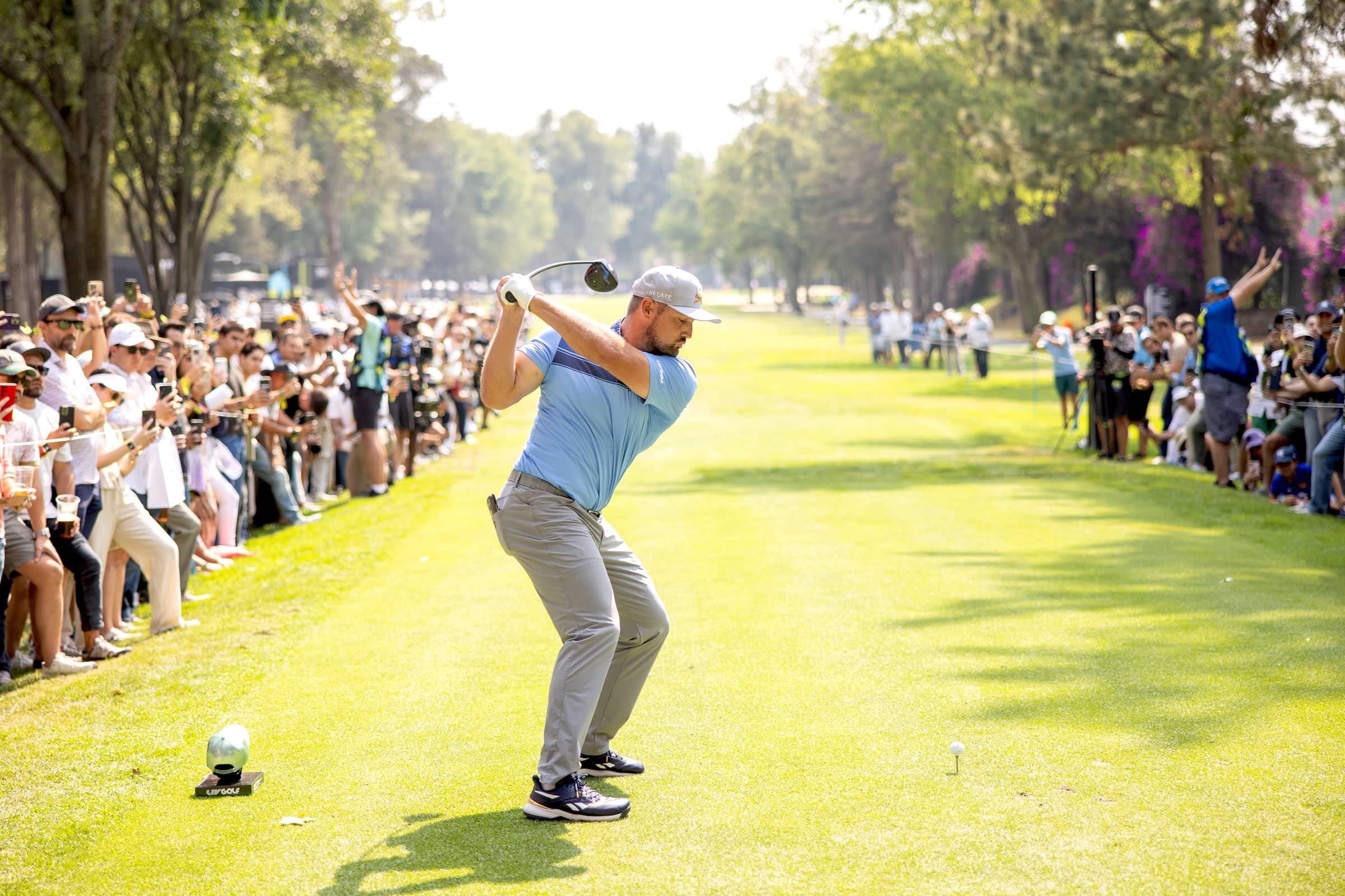 Captain Bryson DeChambeau of Crushers GC hits his shot from the 10th tee during the second round of LIV Golf Mexico City