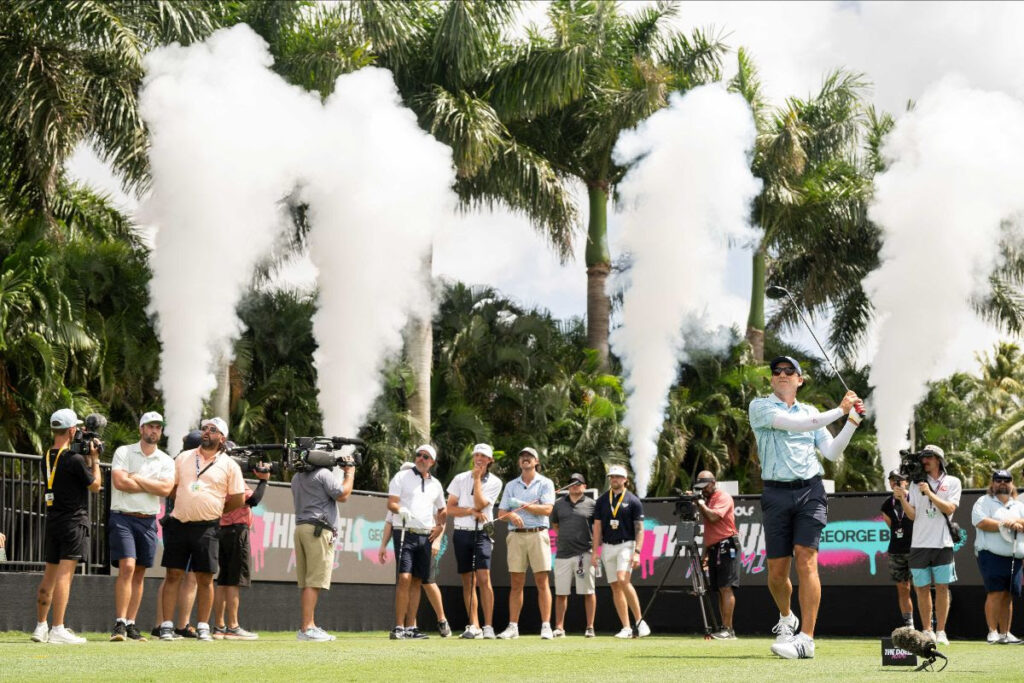 Captain Sergio Garcia of Fireballs GC tees off during The Duels Miami