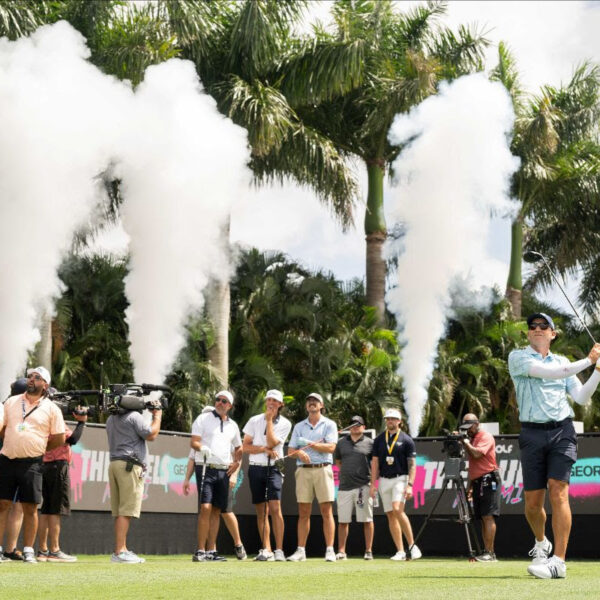 Captain Sergio Garcia of Fireballs GC tees off during The Duels Miami