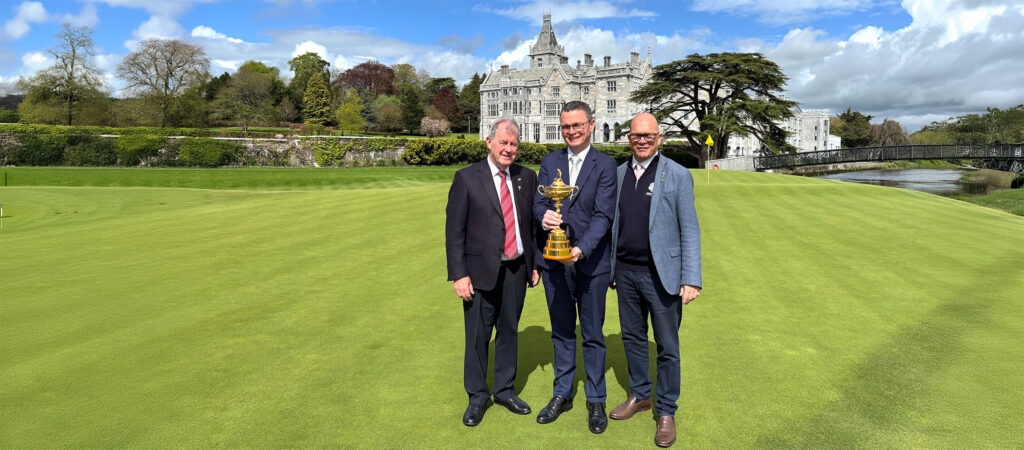 JP McManus, owner of Adare Manor; Patrick O’Donovan T.D., Ireland’s Minister for Arts, Media, Communications, Culture and Sport; and Guy Kinnings, Chief Executive of the European Tour Group