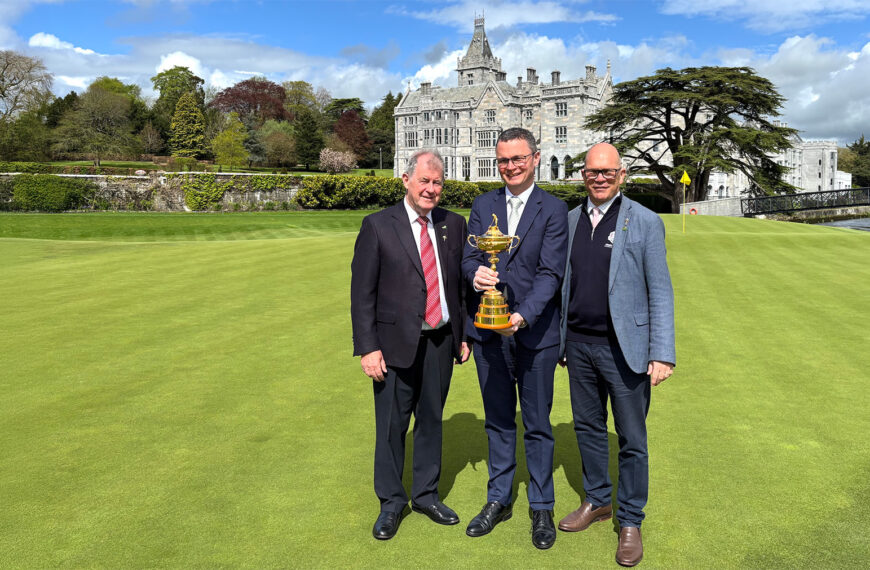 JP McManus, owner of Adare Manor; Patrick O’Donovan T.D., Ireland’s Minister for Arts, Media, Communications, Culture and Sport; and Guy Kinnings, Chief Executive of the European Tour Group