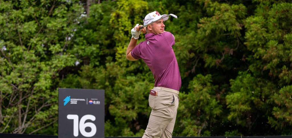 Australian Lucas Herbert gets his tee shot away at the par-four 16th during round two of International Series Japan presented by Moutai.