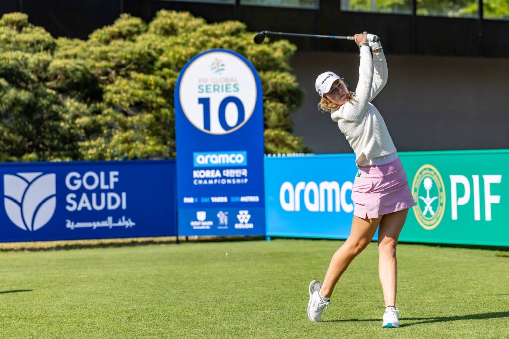 Mimi Rhodes pictured in the Pro-Am at New Korea Country Club ahead of the Aramco Korea Championship, the second of five events on the PIF Global Series in 2025.