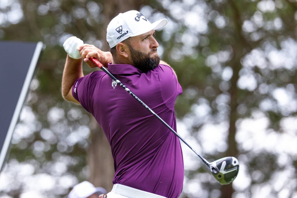 Captain Jon Rahm of Legion XIII hits his shot from the second tee during the first round of LIV Golf Virginia